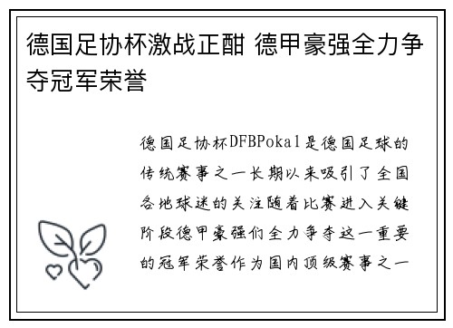 德国足协杯激战正酣 德甲豪强全力争夺冠军荣誉 德国足协杯激战正酣 德甲豪强全力争夺冠军荣誉