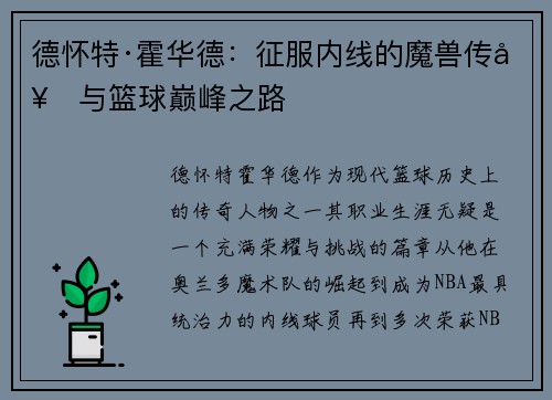 德怀特·霍华德:征服内线的魔兽传奇与篮球巅峰之路 德怀特·霍华德:征服内线的魔兽传奇与篮球巅峰之路